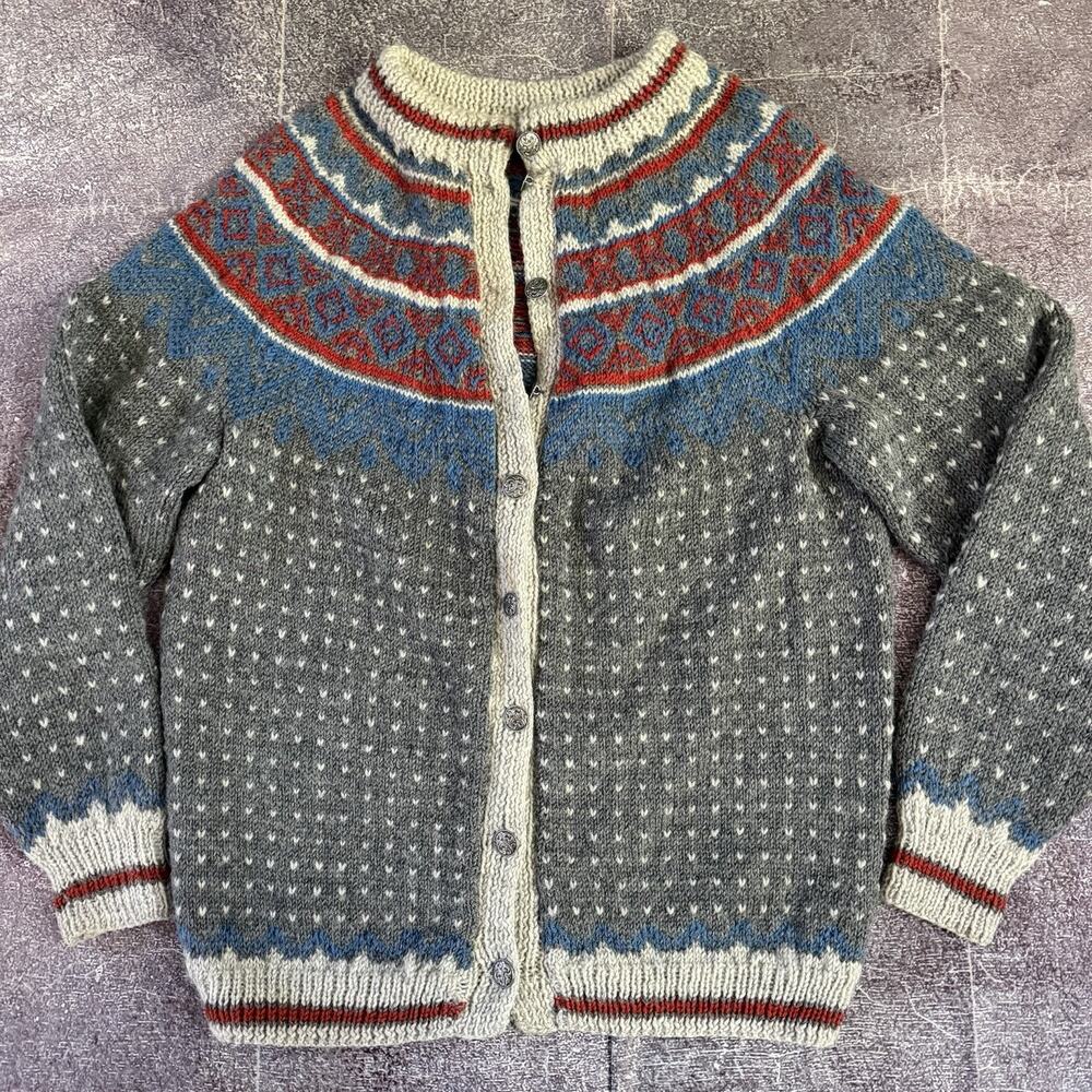 Men's Vintage 80's Traditional Norwegian Hand Knit Gray Cardigan Sweater Sz M